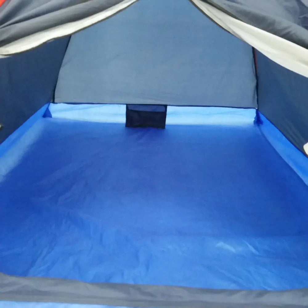 Navy blue outdoor double camping tent with glass fiber poles and Oxford cloth base on grass, 2-person size