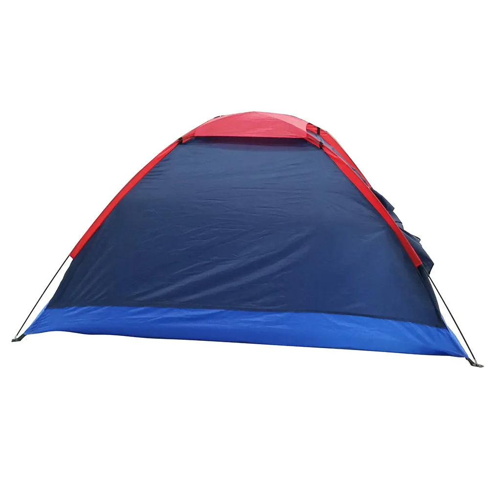 Navy blue outdoor double camping tent with glass fiber poles and Oxford cloth base on grass, 2-person size