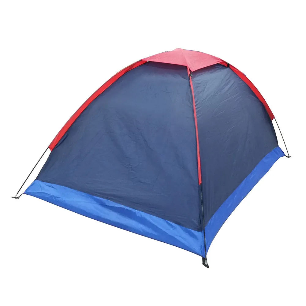Navy blue outdoor double camping tent with glass fiber poles and Oxford cloth base on grass, 2-person size