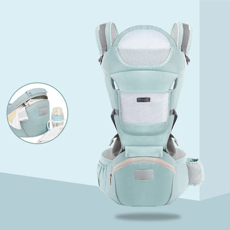 Four Seasons baby waist stool carrier in Ice Star Green cotton with shoulder straps and waist stool