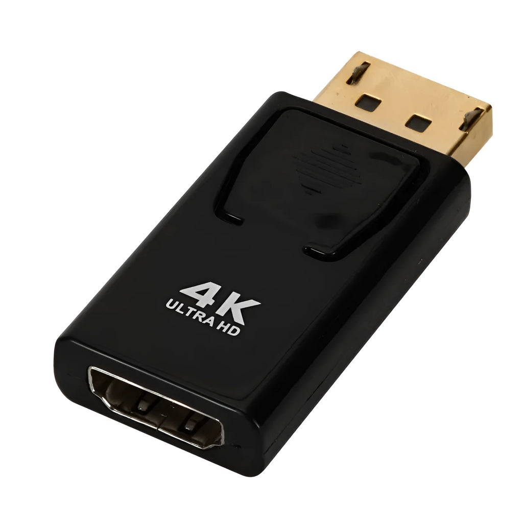 Black DisplayPort to HDMI adapter cable for 4K video connection.