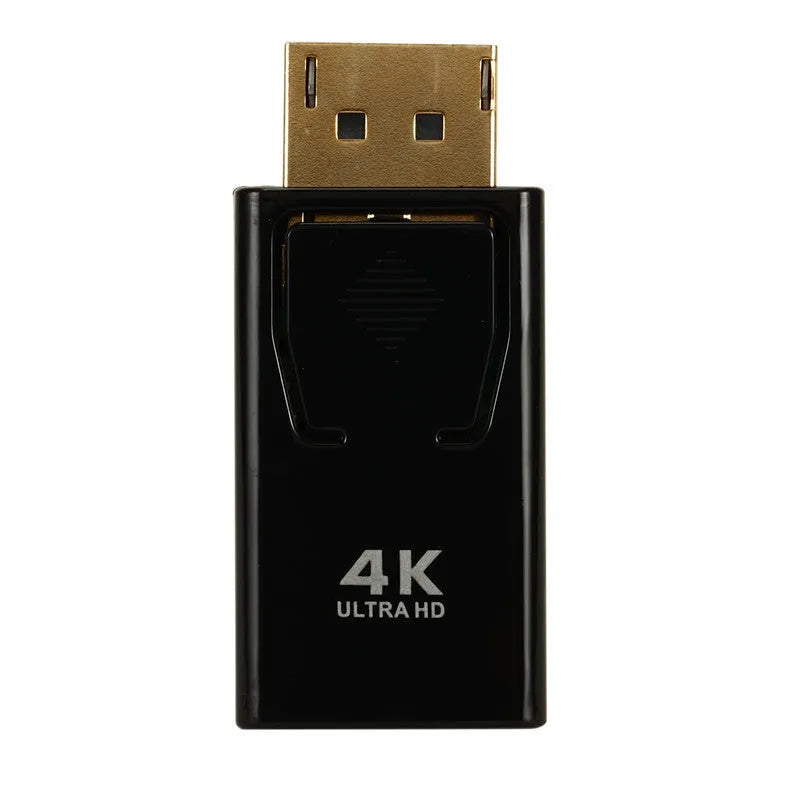 Black DisplayPort to HDMI adapter cable for 4K video connection.