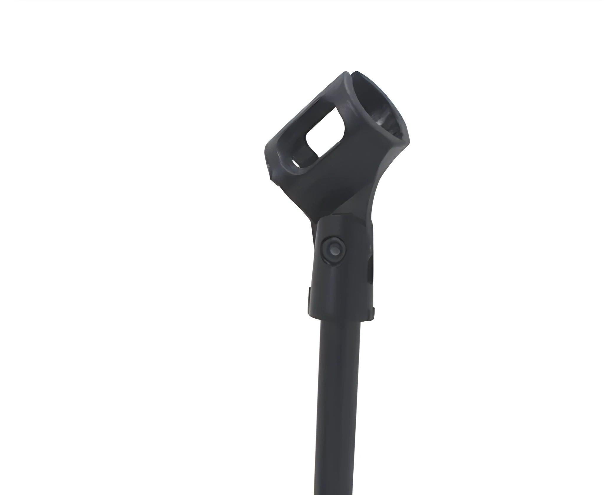 Black metal desktop microphone stand with disc base and plastic clip, 22cm tall.