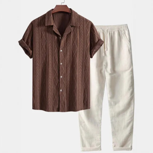 Men's slim fit camouflage print short sleeve shirt and trousers casual suit set
