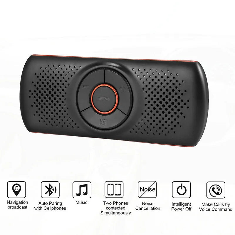 Orange Bluetooth car hands-free speaker with sun visor mount for wireless smartphone audio