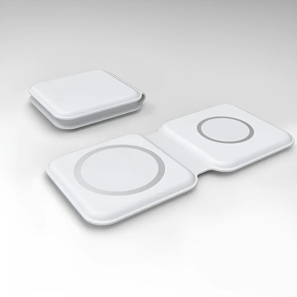 White 2 in 1 magnetic wireless charging dock with foldable design showing dual charging surfaces