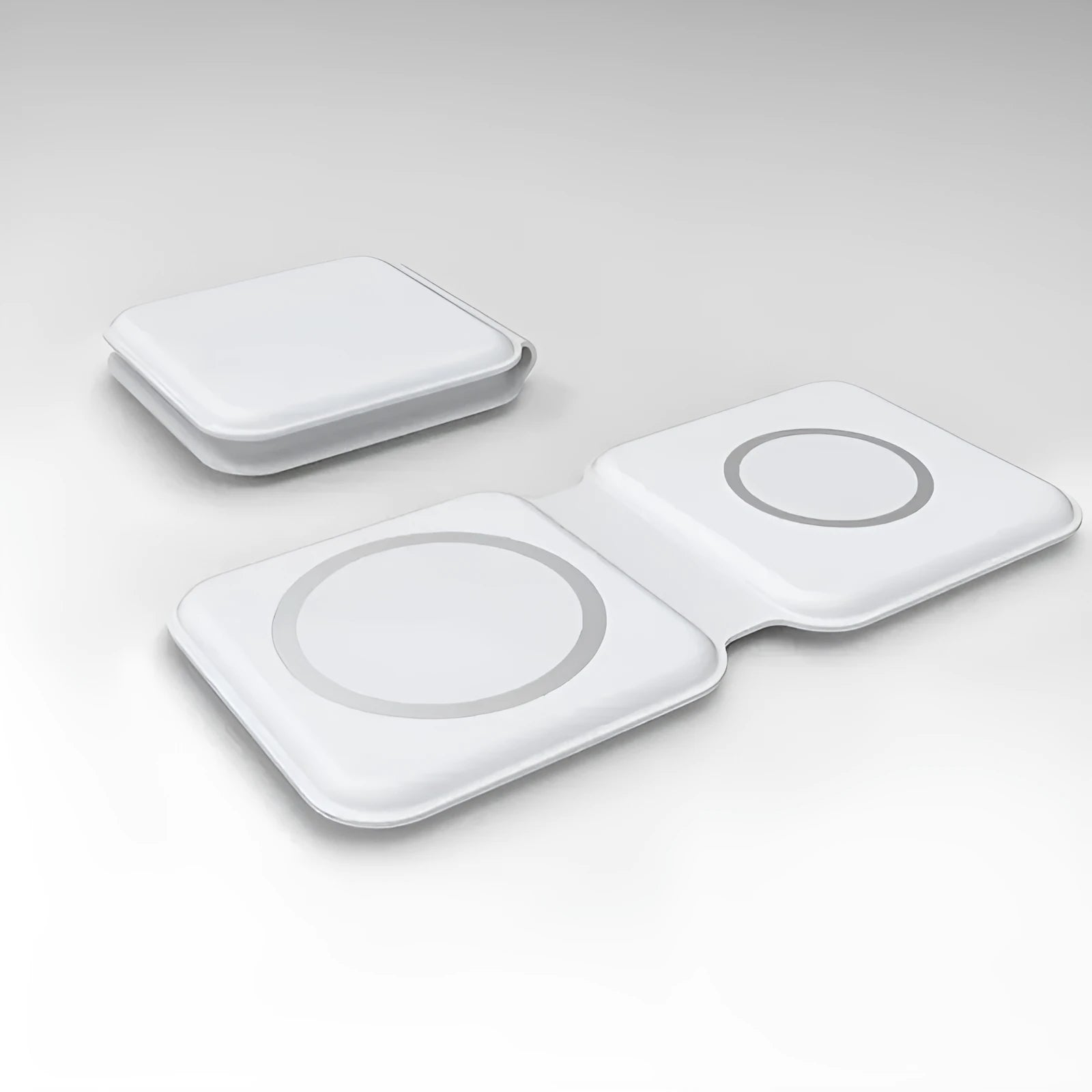 White 2 in 1 magnetic wireless charging dock with foldable design showing dual charging surfaces