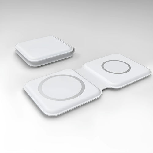 White 2 in 1 magnetic wireless charging dock with foldable design showing dual charging surfaces