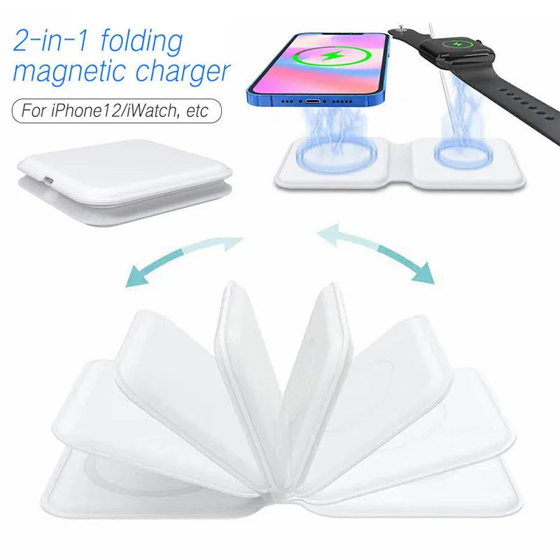 White 2 in 1 magnetic wireless charging dock with foldable design showing dual charging surfaces