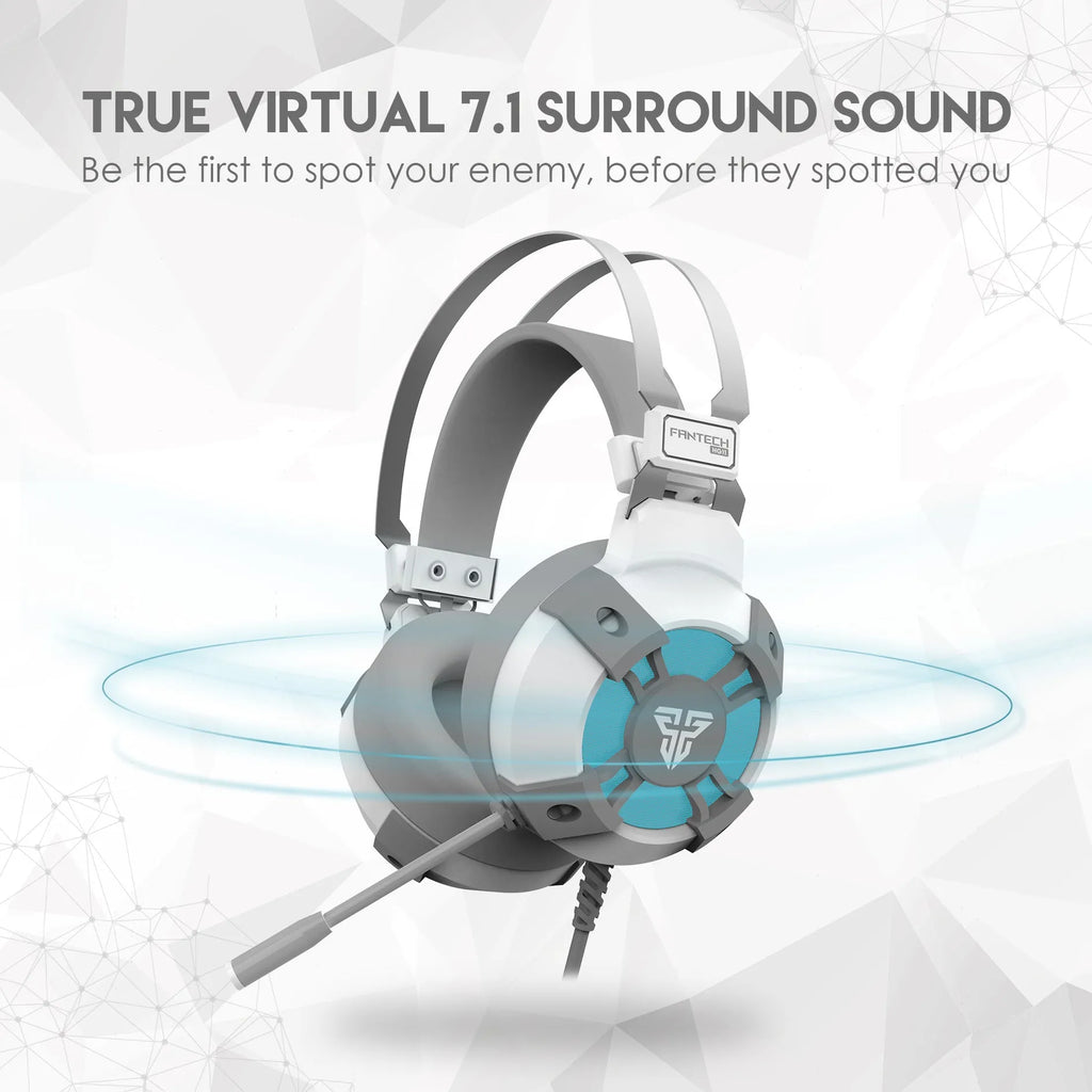 Black FANTECH HG11 USB gaming headset with RGB lights, large ear cups, and an adjustable microphone.