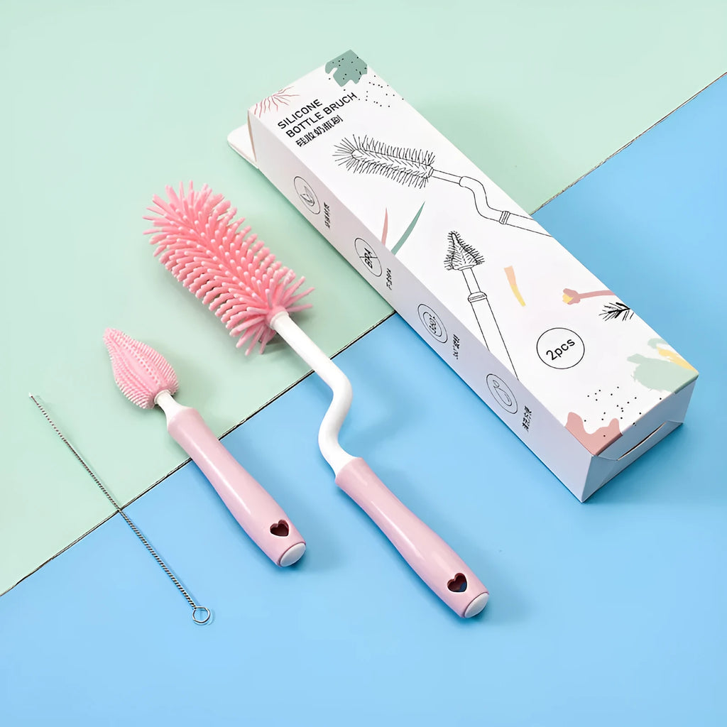Silicone baby bottle brush and straw cleaner set in pink, blue, or yellow colours
