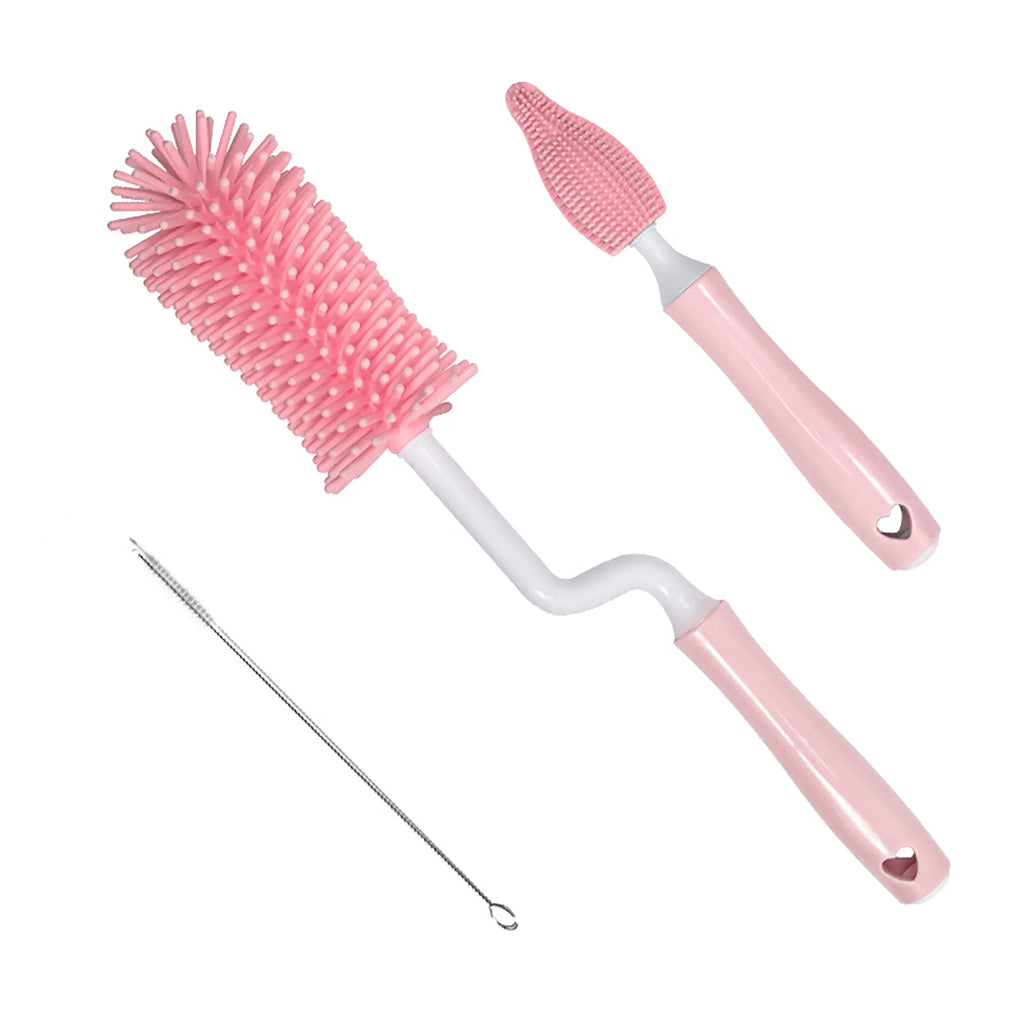 Silicone baby bottle brush and straw cleaner set in pink, blue, or yellow colours