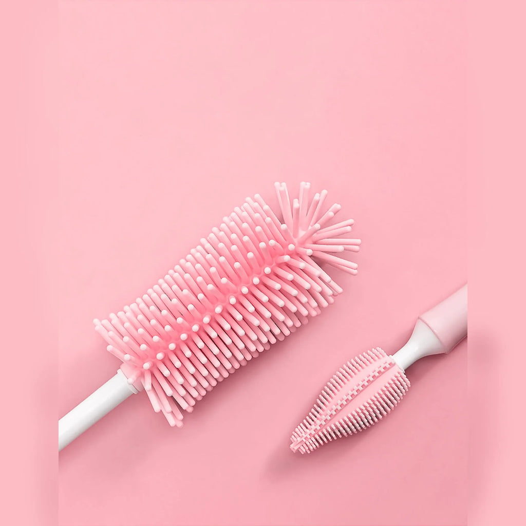 Silicone baby bottle brush and straw cleaner set in pink, blue, or yellow colours