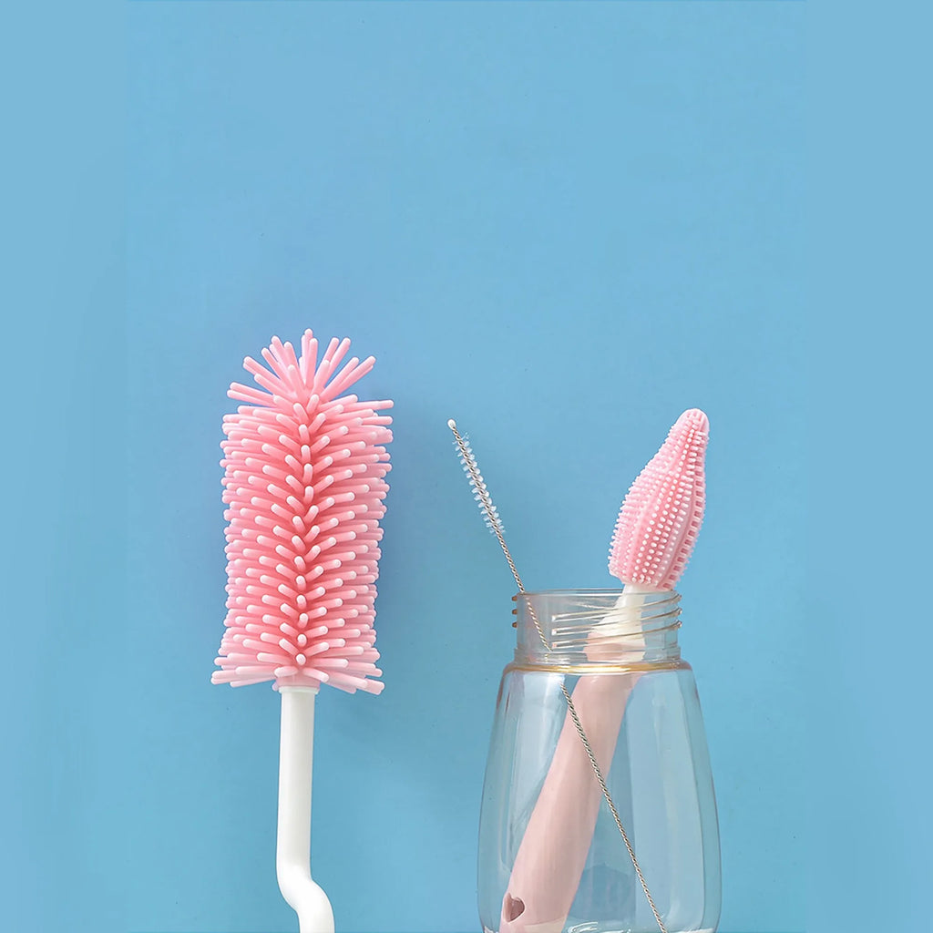 Silicone baby bottle brush and straw cleaner set in pink, blue, or yellow colours