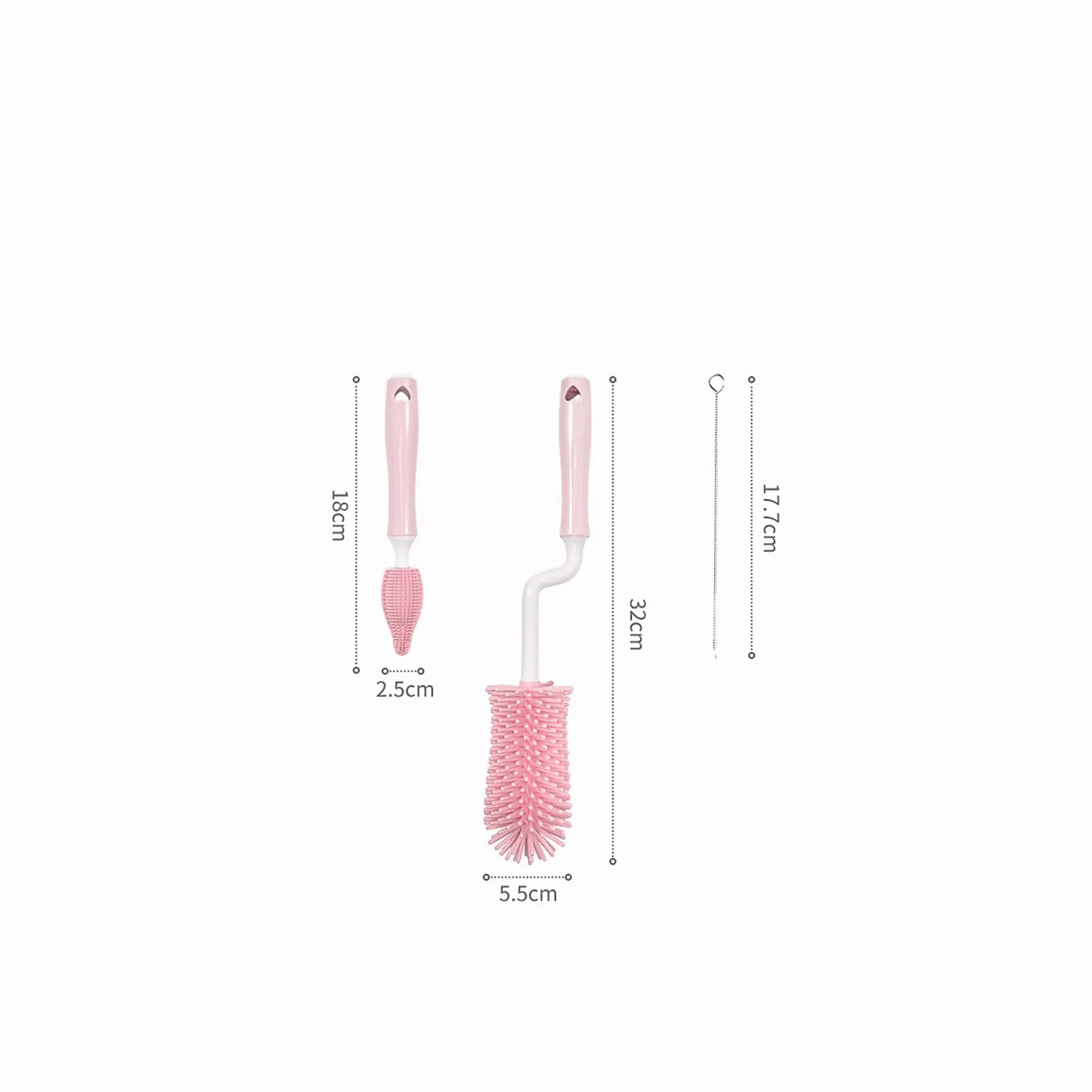 Silicone baby bottle brush and straw cleaner set in pink, blue, or yellow colours