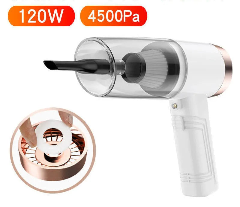 Black portable car vacuum cleaner with accessories for home and automotive use