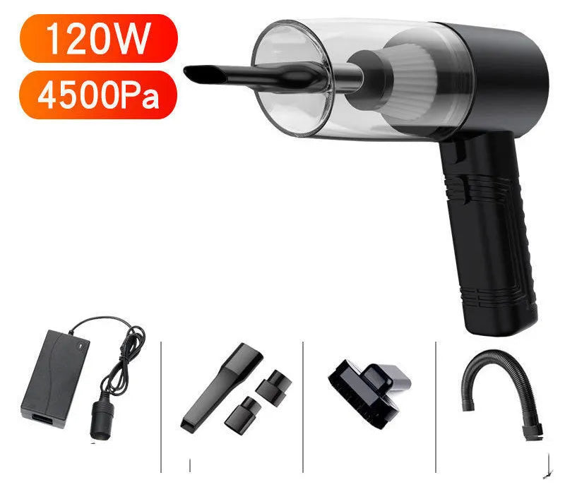 Black portable car vacuum cleaner with accessories for home and automotive use