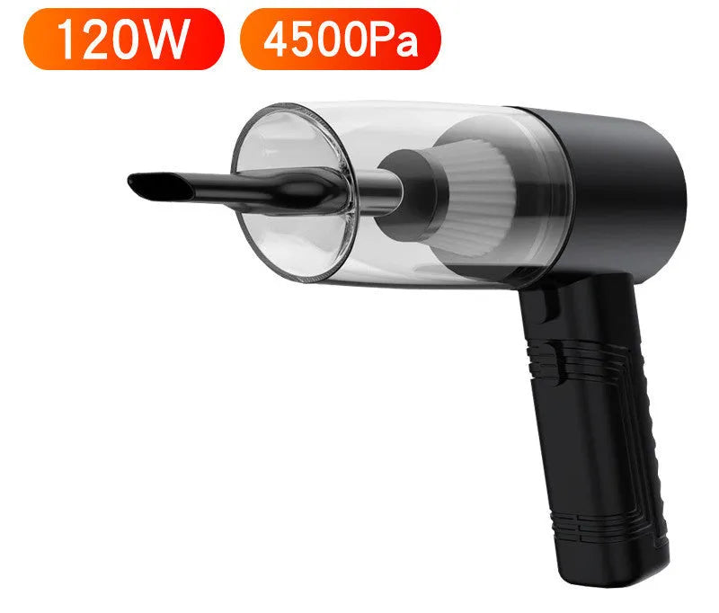 Black portable car vacuum cleaner with accessories for home and automotive use