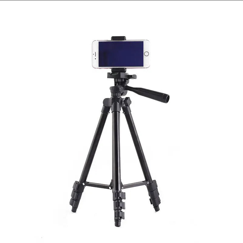Black aluminium alloy portable tripod with 3D head extended to its maximum height