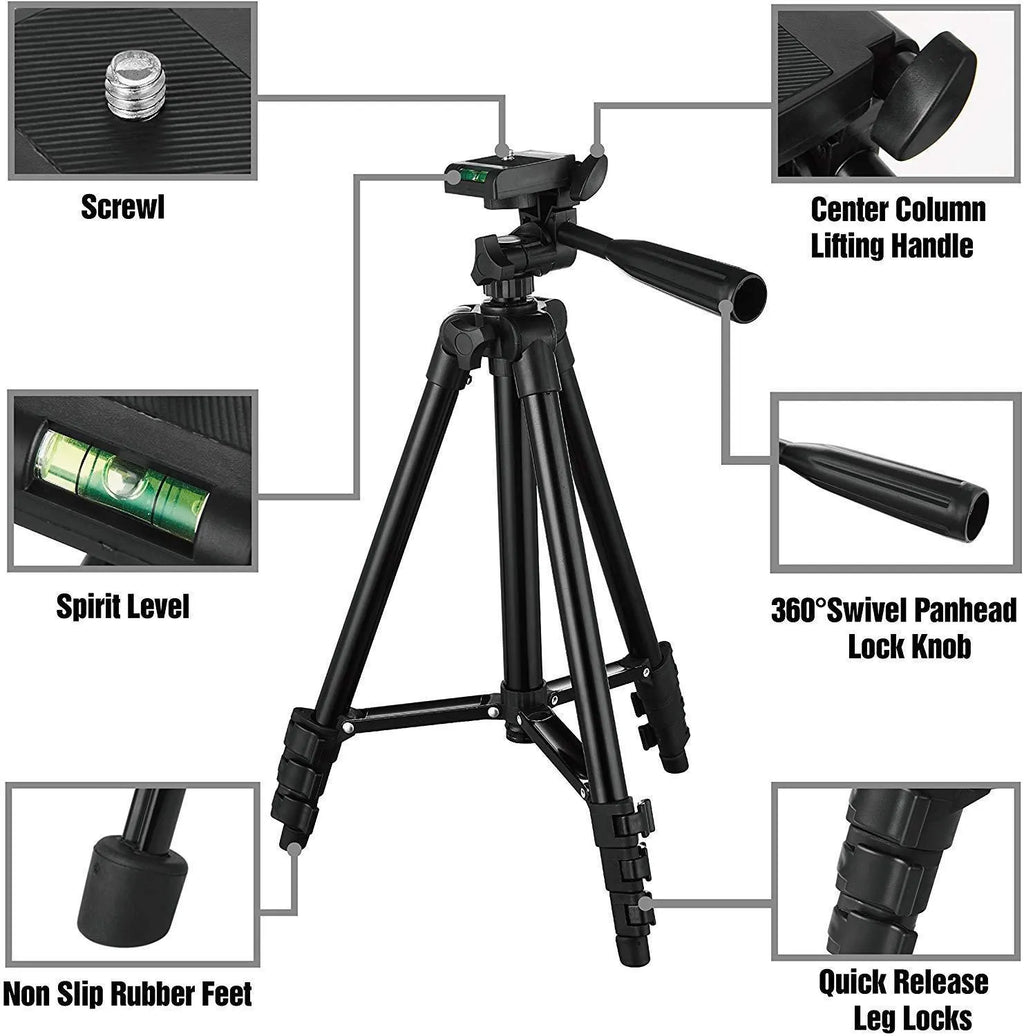 Black aluminium alloy portable tripod with 3D head extended to its maximum height