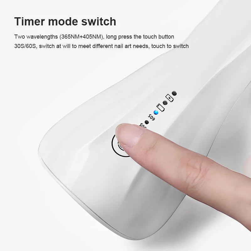 White portable 5W UV LED nail lamp with 3 beads and Micro USB charging on a table