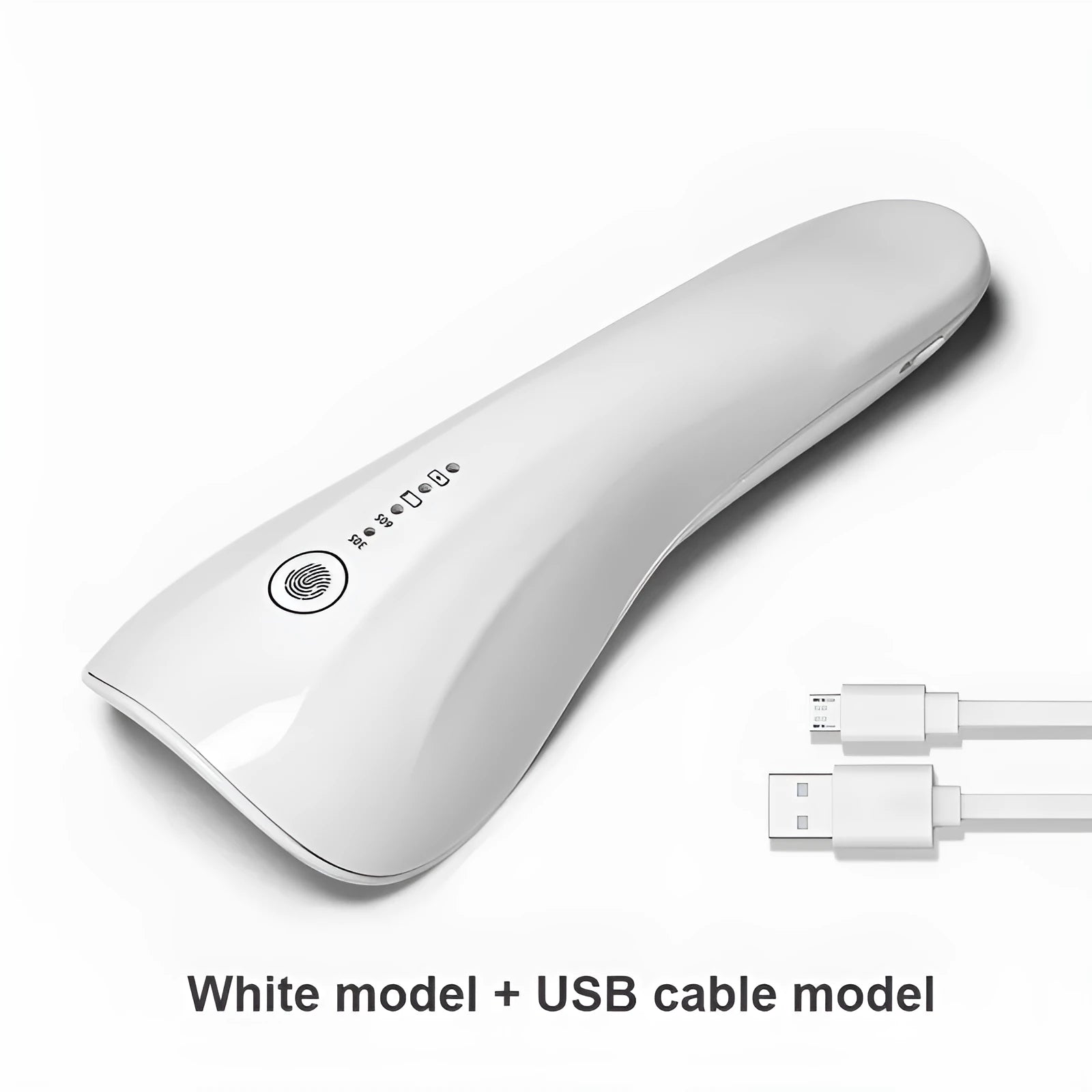 White portable 5W UV LED nail lamp with 3 beads and Micro USB charging on a table