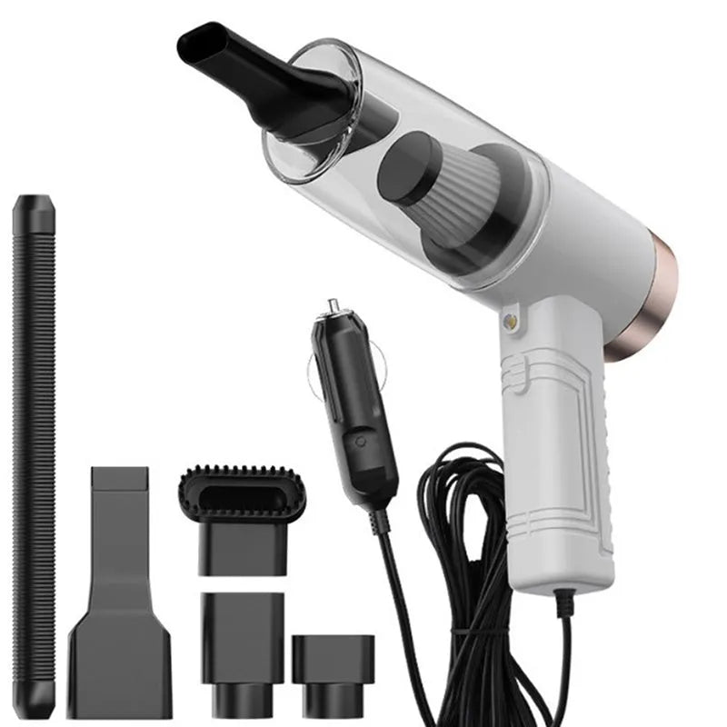 Black portable car vacuum cleaner with accessories for home and automotive use