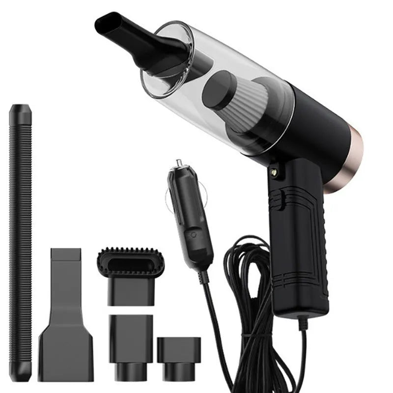 Black portable car vacuum cleaner with accessories for home and automotive use