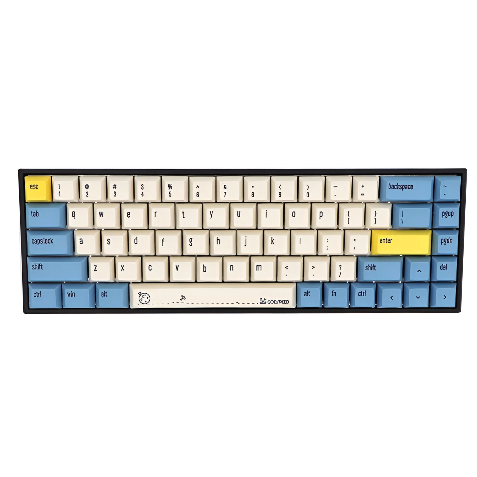 68-key PBT mechanical keyboard keycap set showing multiple colour options including blue, grey and pink