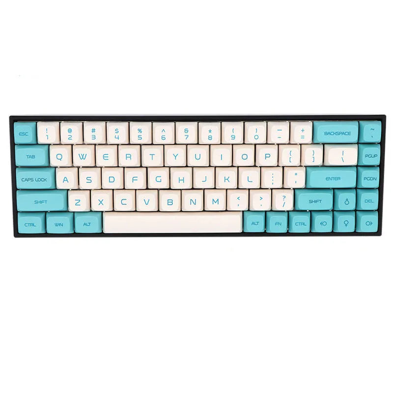 68-key PBT mechanical keyboard keycap set showing multiple colour options including blue, grey and pink