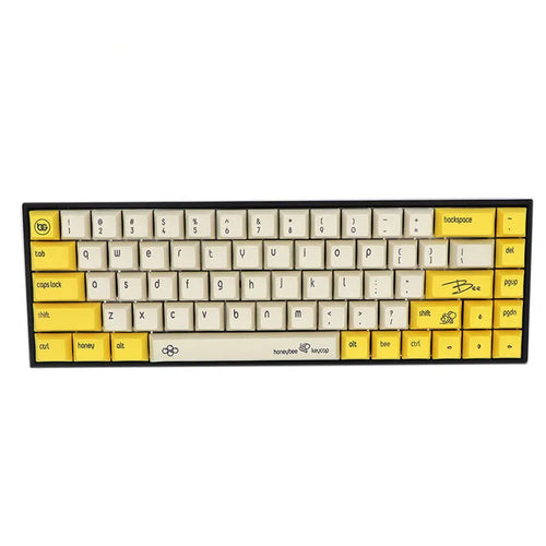 68-key PBT mechanical keyboard keycap set showing multiple colour options including blue, grey and pink