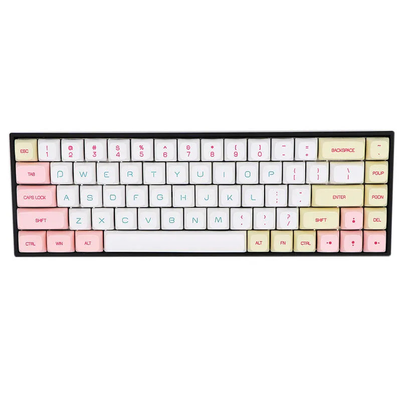 68-key PBT mechanical keyboard keycap set showing multiple colour options including blue, grey and pink