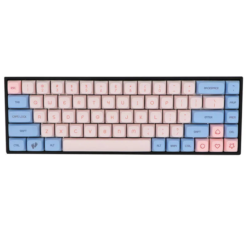 68-key PBT mechanical keyboard keycap set showing multiple colour options including blue, grey and pink