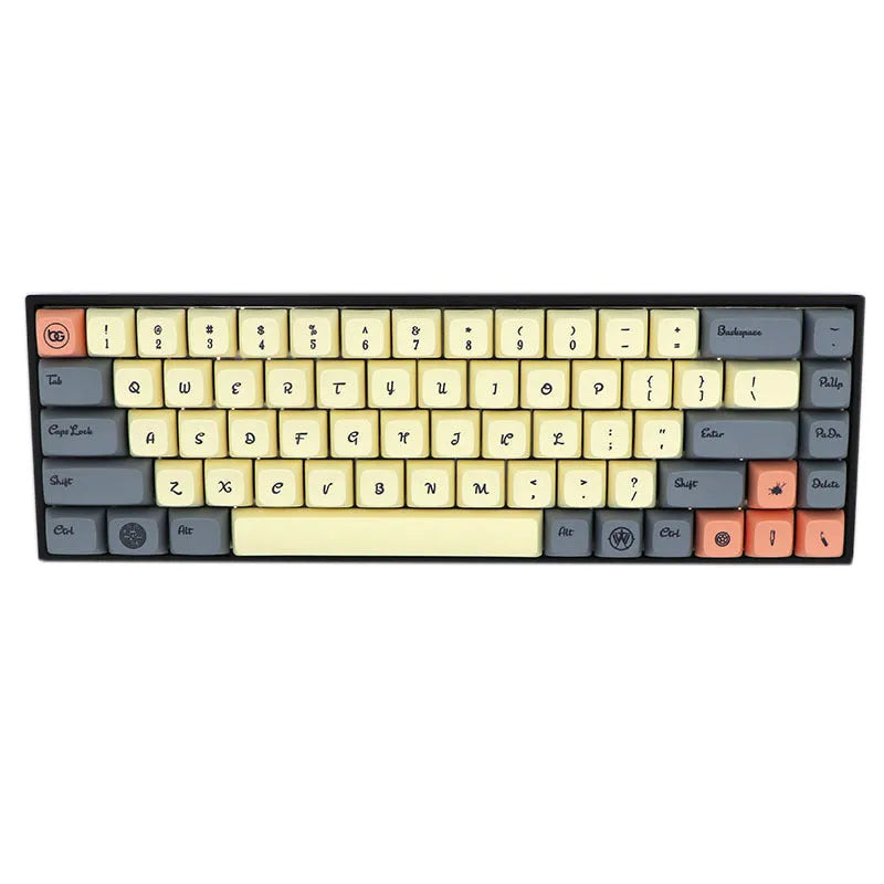 68-key PBT mechanical keyboard keycap set showing multiple colour options including blue, grey and pink