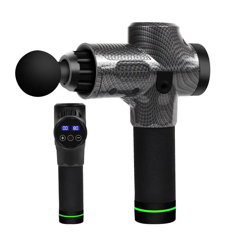 Black electric muscle massage gun with seven different coloured silicone heads on a table.