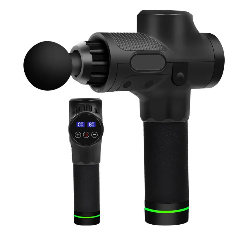 Black electric muscle massage gun with seven different coloured silicone heads on a table.
