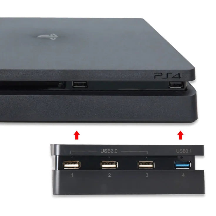 Black PS4 Slim USB hub with 2.0 and 3.0 interfaces for PlayStation 4 console expansion