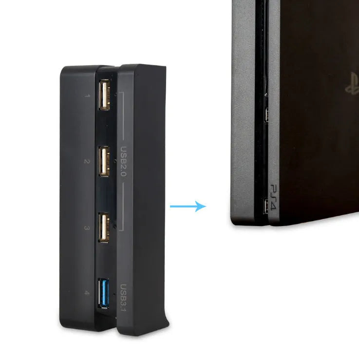 Black PS4 Slim USB hub with 2.0 and 3.0 interfaces for PlayStation 4 console expansion