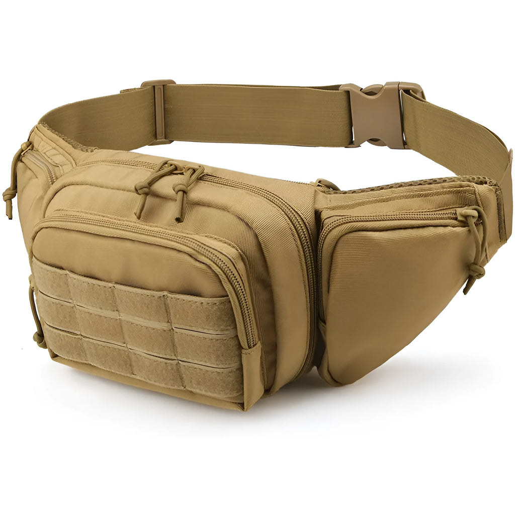 Men's tactical multifunctional waist bag in black or khaki with adjustable belt for unisex use.