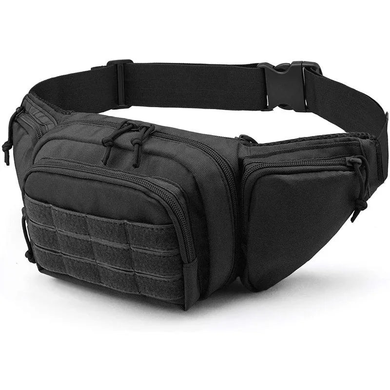 Men's tactical multifunctional waist bag in black or khaki with adjustable belt for unisex use.