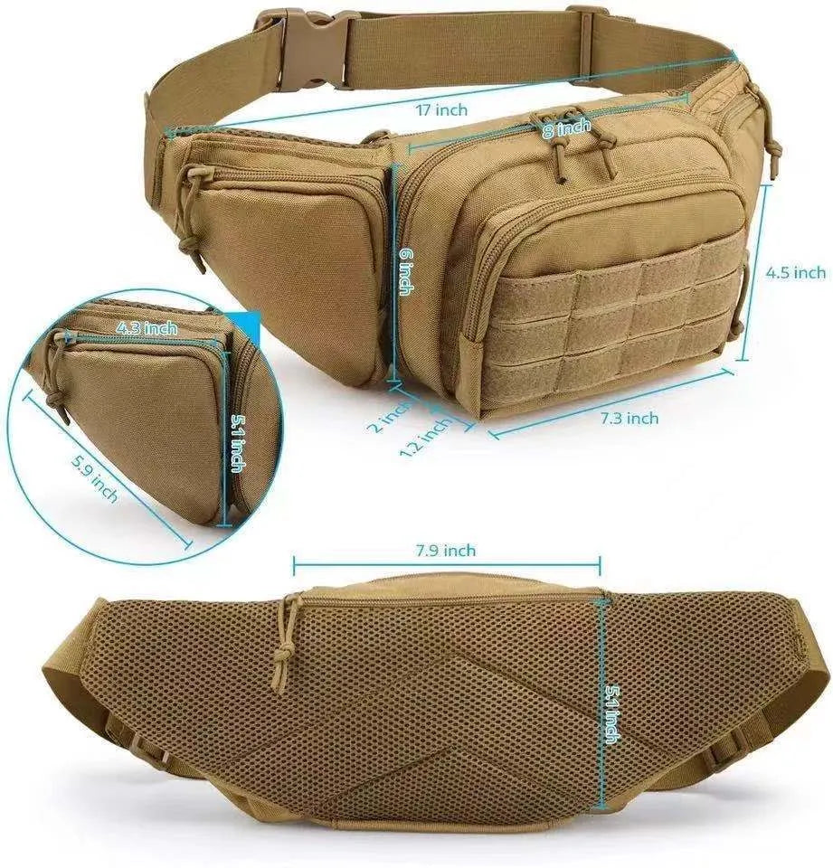 Men's tactical multifunctional waist bag in black or khaki with adjustable belt for unisex use.