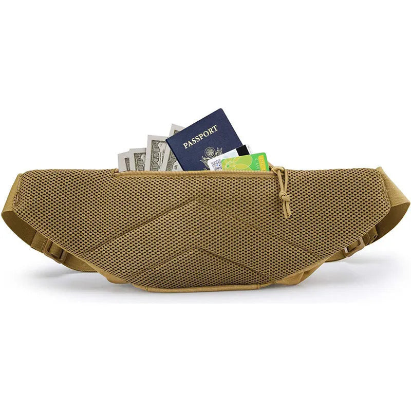 Men's tactical multifunctional waist bag in black or khaki with adjustable belt for unisex use.