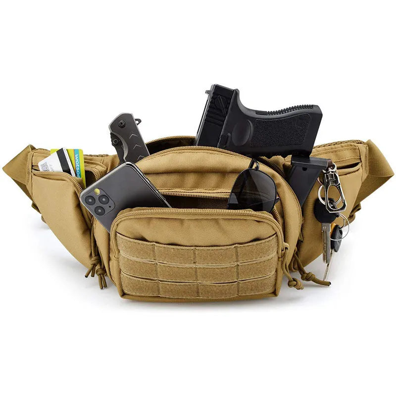Men's tactical multifunctional waist bag in black or khaki with adjustable belt for unisex use.
