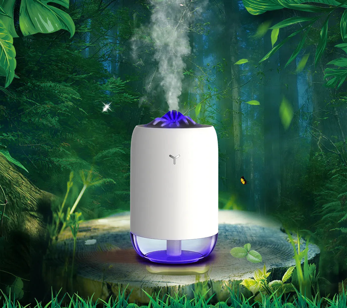 Magic Flame Humidifier columnar aroma diffuser with LED light effect in white, blue, or pink colours
