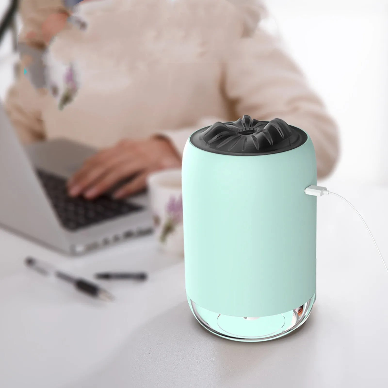 Magic Flame Humidifier columnar aroma diffuser with LED light effect in white, blue, or pink colours