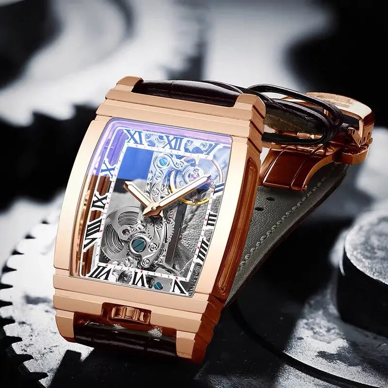 Daystar square stainless steel mechanical watch with leather strap showing white dial and black markings