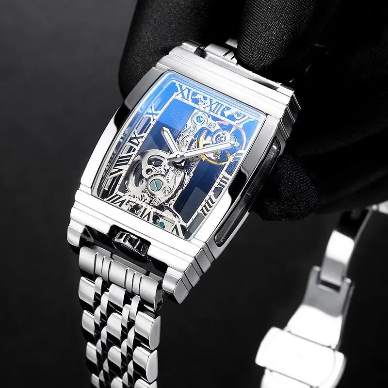 Daystar square stainless steel mechanical watch with leather strap showing white dial and black markings