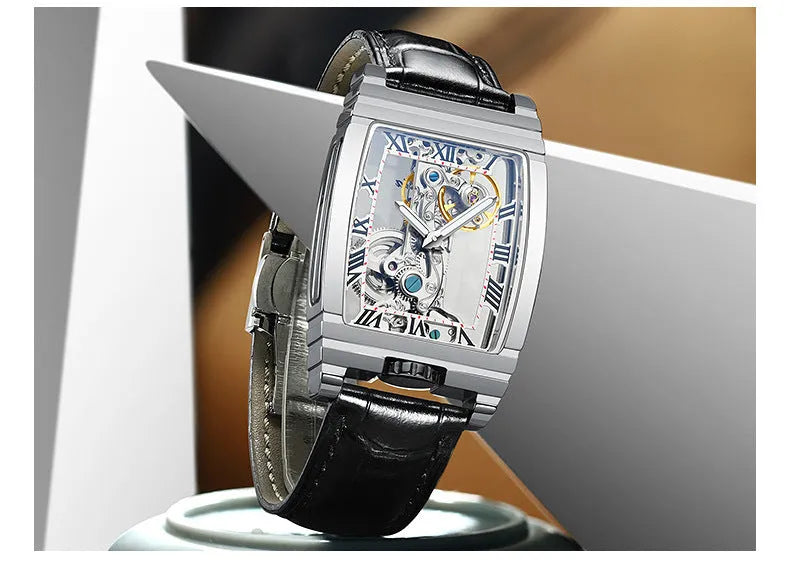 Daystar square stainless steel mechanical watch with leather strap showing white dial and black markings