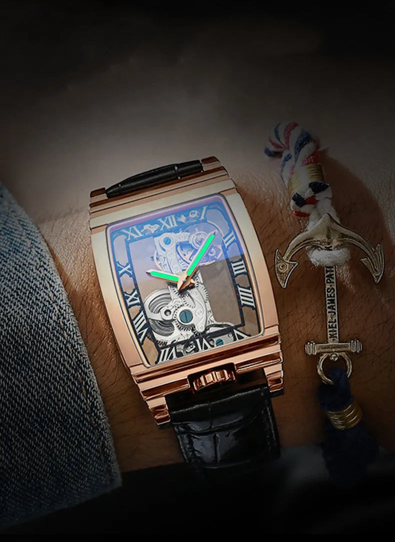 Daystar square stainless steel mechanical watch with leather strap showing white dial and black markings