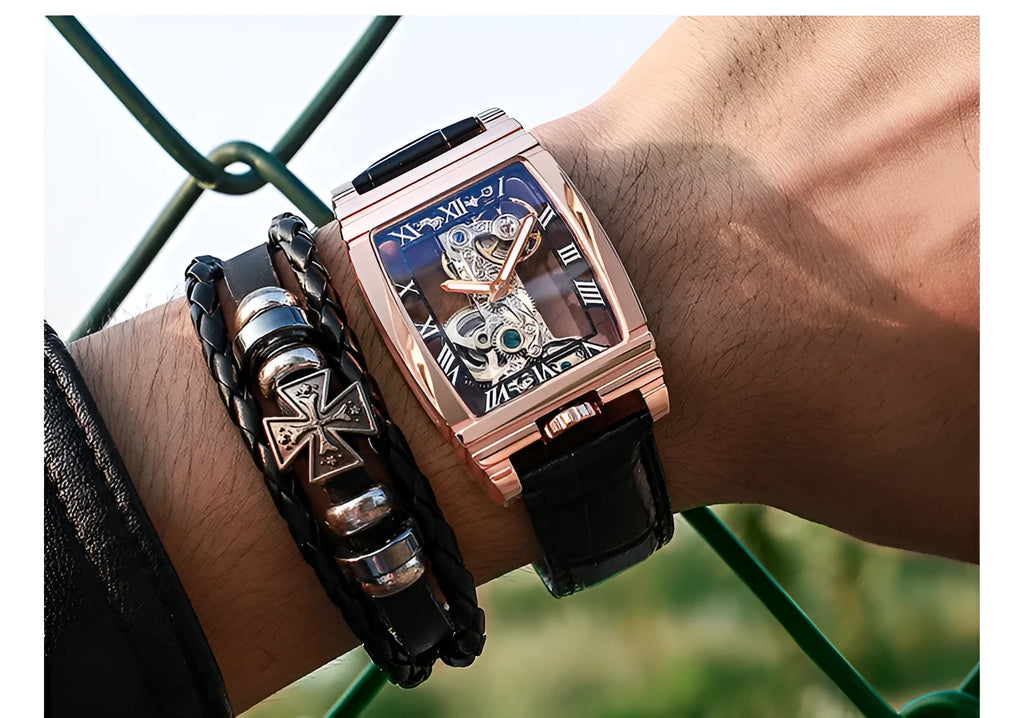 Daystar square stainless steel mechanical watch with leather strap showing white dial and black markings